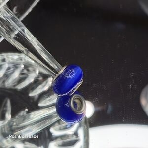 Metal core center glass bead fits pandora type bracelets blue cats eye
